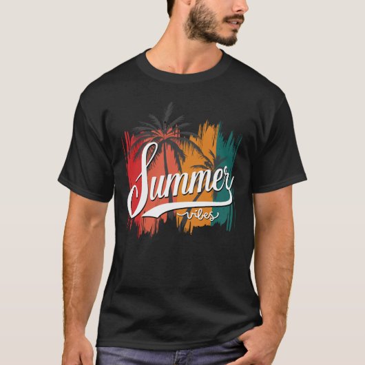 Sommervibes Retro Sonnenuntergang und Palmen Bäume T-Shirt (Vorderseite)