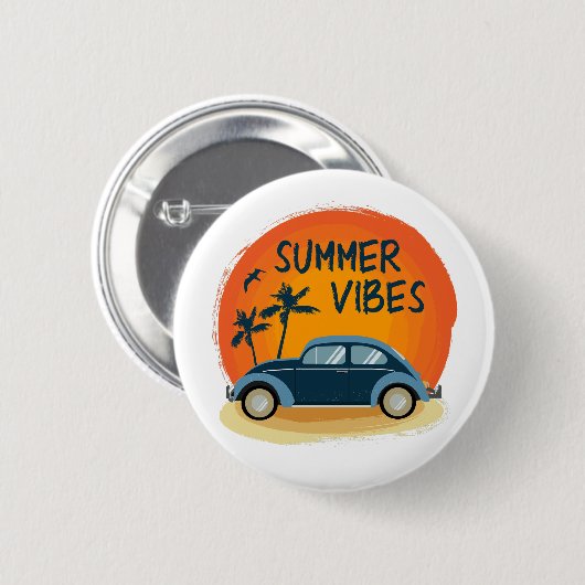 Sommervilla mit Retroauto am Strand Button (Vorne & Hinten)