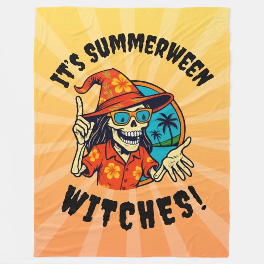 Sommerween-Hexenskelett in tropischem Hexenhut  Fleecedecke (Vorderseite)