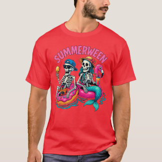 Sommerween Meerjungfrau Skelett Strand Flamingo Ha T-Shirt