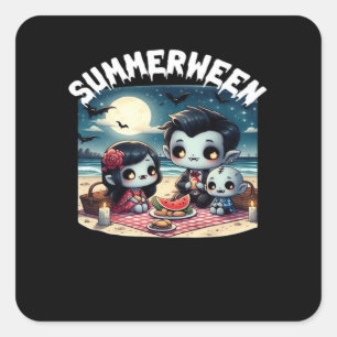 Sommerween mit einer Familie von Vampiren am Stran Quadratischer Aufkleber