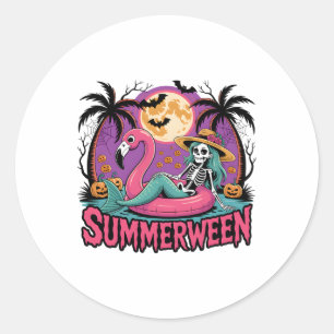 Sommerween-Skelett-Flamingo-Halloween-Sommer-Mädch Runder Aufkleber