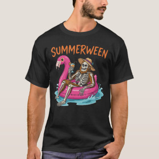Sommerween-Skelett-Poolparty-Flamingo-Schwimmhilfe T-Shirt
