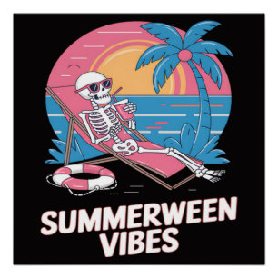 Sommerween-Skelett-Sommerferien-Strand-Lustig Poster