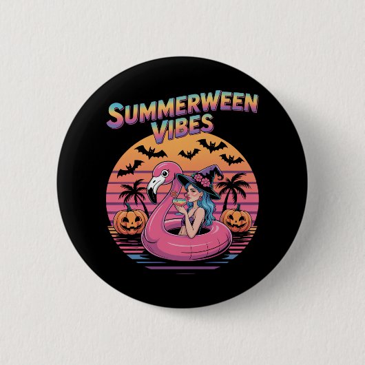 Sommerween Stimmung Hexe Flamingo Button (Vorderseite)
