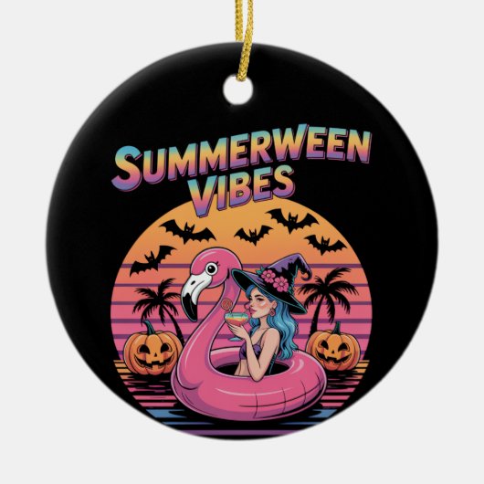 Sommerween-Stimmung Hexe Flamingo Keramik Ornament (Vorne)