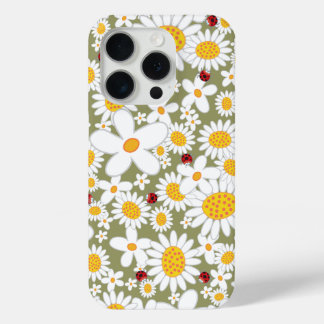 Sommerweiße Daisien und rote Ladybugs auf Brown iPhone 15 Pro Hülle