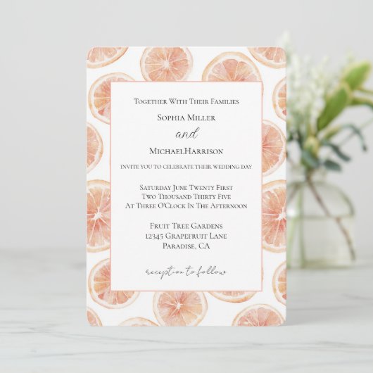 Sommerwind Grapefruit Hochzeit Einladung (Stehend Vorderseite)