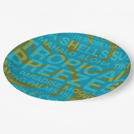 Sommerwörter Tropical und Monstera Leaf Pappteller (Schrägansicht)