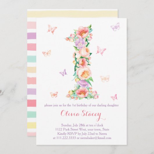 Sommerzeit 1. Geburtstag mit Pastel Butterfliegen Einladung (Vorne/Hinten)