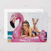 Sommerzeit Frau auf einem Flamingo Float am Strand Postkarte (Vorne/Hinten)