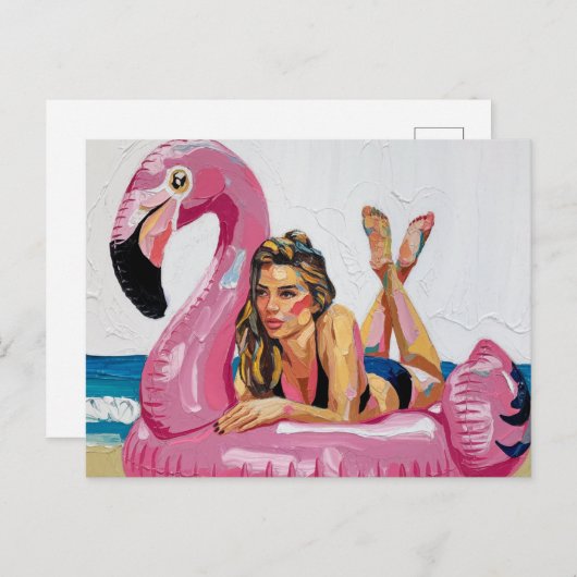 Sommerzeit Frau auf einem Flamingo Float am Strand Postkarte (Vorne/Hinten)