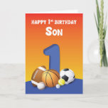 Son 1 Birthday Sportballs Karte<br><div class="desc">Wenn er bald seinen 1. Geburtstag feiert,  kann man seinen Sohn mit dieser farbenfrohen Sportballkarte überraschen,  die eine große Nummer eins auf der Vorderseite hat,  wenn man ihm einen glücklichen 1. Geburtstag begrüßt.</div>