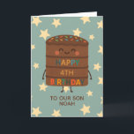 Son 4. Geburtstag Niedlicher Choco Cake Karte<br><div class="desc">Feiern Sie den großen Tag Ihres Sohnes mit dieser bezaubernden 4. Geburtstagskarte, die eine niedlich lächelnde Choco-Kuchen-Charakterzeichnung, farbenfrohe Sprinklen und eine fröhliche "Happy Birthday"-Nachricht enthält. Set vor einem spielerischen Sternenhimmel, ist diese Karte perfekt für Kinder, die Spaß, albern und süß Liebe. Personalisieren Sie es mit dem Namen Ihres Kindes für...</div>
