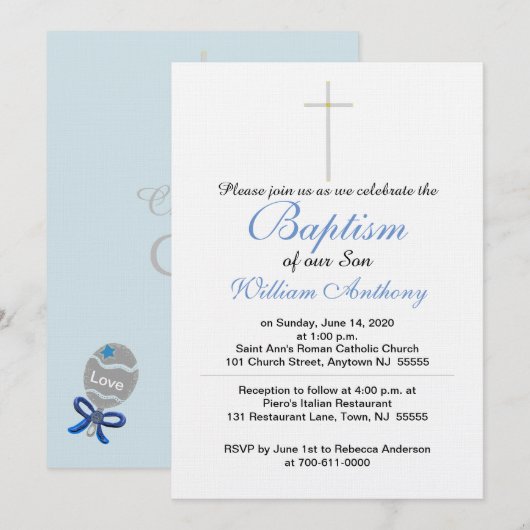 Son Baptisc Cross Blue Gray Einladung (Vorne/Hinten)
