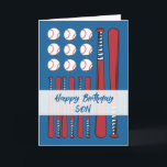 Son Baseball Flag Birthday Red White Blue Karte<br><div class="desc">Feiern Sie Ihren phantastischen älteren oder erwachsenen Sohn mit dieser kühnen Geburtstagskarte zum Thema Baseball, die den All-Star-Stil mit einem Hauch von Americana verbindet. Die Karte mit roten Baseballschlägern und weißen Baseballs, die auf blauem Holzkornboden angeordnet sind, verleiht der amerikanischen Flagge eine subtile Note. Ein sportlich weißes Banner unterstreicht die...</div>