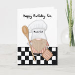 Son Birthday Whimsical Gnome Koch Cooking Karte<br><div class="desc">Ein lustiger gnomischer Koch trägt einen Kochhut und hält einen Holzlöffel und einen Topfhalter. Er ist auf einem Vintag aussehenden schwarz-weißen Küchenboden stehend. Perfekte Geburtstagskarte,  um Ihrem kochenden Sohn ein bisschen Spaß zu machen!</div>