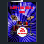 Son Birthday You Rock Drums<br><div class="desc">Eine Geburtstagkarte für einen Sohn. Schalten Sie die Lautstärke auf Geburtstagswünsche! Mit einem auffallenden Set an Trommeln und der Phrase "You rock the universum" ist diese Karte ein energiesparender Weg, das Leben des Party zu feiern. Egal, ob sie Schlagzeuger sind oder einfach nur Rockstar-Schwänze haben, diese Karte trifft alle richtigen...</div>