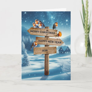 Son Christmas Robins auf einem Wegweiser Feiertagskarte