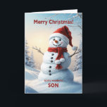 Son Christmas Snowman Feiertagskarte<br><div class="desc">Eine festliche Winterszene,  die einen fröhlichen Schneemann in einem roten Hut und Schal zeigt. Wünschen Sie Ihrem Sohn frohe Weihnachten mit einer schönen Schneemannskarte.</div>