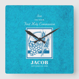 Son, First Communion, Wheat, Grapes Blue Quadratische Wanduhr