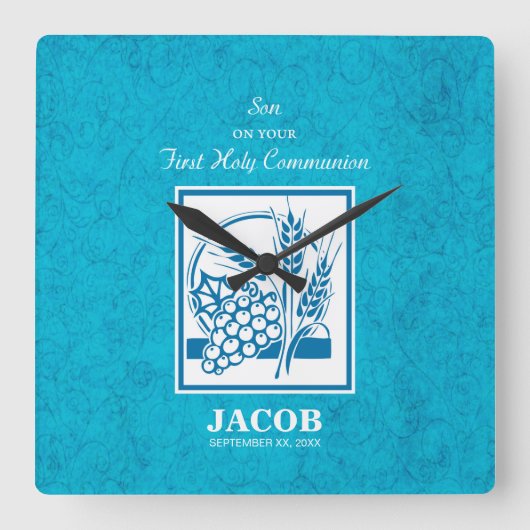 Son, First Communion, Wheat, Grapes Blue Quadratische Wanduhr (Vorderseite)