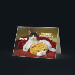 Son Happy Birthday Kitten mit Toy Tiger Karte<br><div class="desc">Sie können diese Karte mit dem Namen und dem Alter Ihres Sohnes personalisieren. "Lieber Sohn,  ich hoffe,  dein Geburtstag ist pur und schmutzig!"</div>