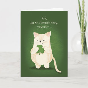 Son St. Patricks Day Niedlich Kitten Holding Kleeb Karte