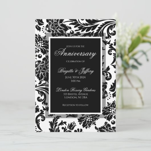 Sonderjubiläum für Schwarzweiß-Damast Einladung (Stehend Vorderseite)