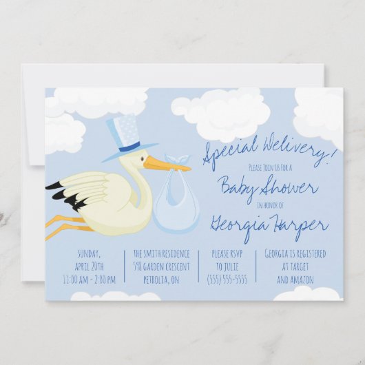 Sonderlieferung! Blue Stork Baby Dusche Einladung (Vorderseite)