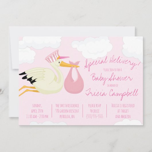 Sonderlieferung! Pink Stork Baby Dusche Einladung (Vorderseite)