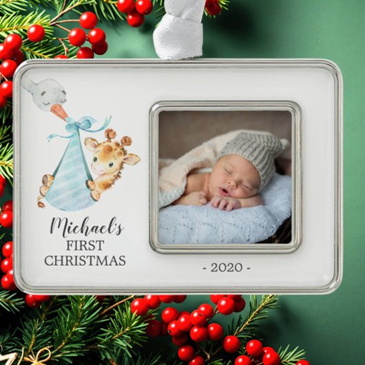 Sonderversand Giraffe Erstes Weihnachtsfest Foto Rahmen-Ornament Silber