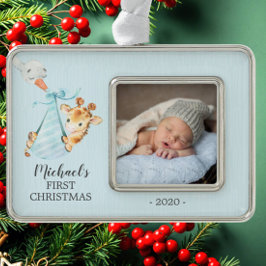 Sonderversand Giraffe Erstes Weihnachtsfest Foto Rahmen-Ornament Silber