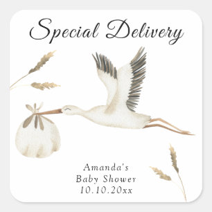 Sonderzustellung Aquarell-Storch Babyparty Quadratischer Aufkleber