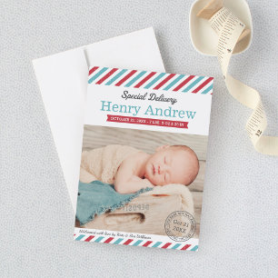 Sonderzustellung Baby Junge Aqua Rot Foto Geburt Ankündigung