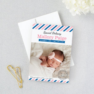 Sonderzustellung Pink Blau Luftpost Baby Mädchen Ankündigung