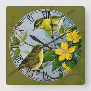 Song Birds Playing in Tree Fine Art römische Zahl Quadratische Wanduhr
