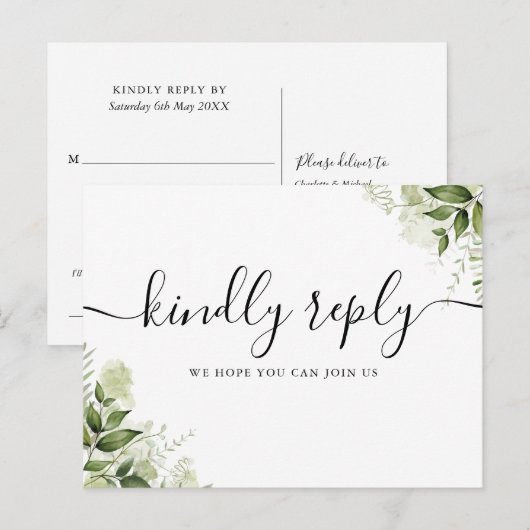 Song Request Greenery Blätter Script RSVP Card Einladungspostkarte (Vorne/Hinten)