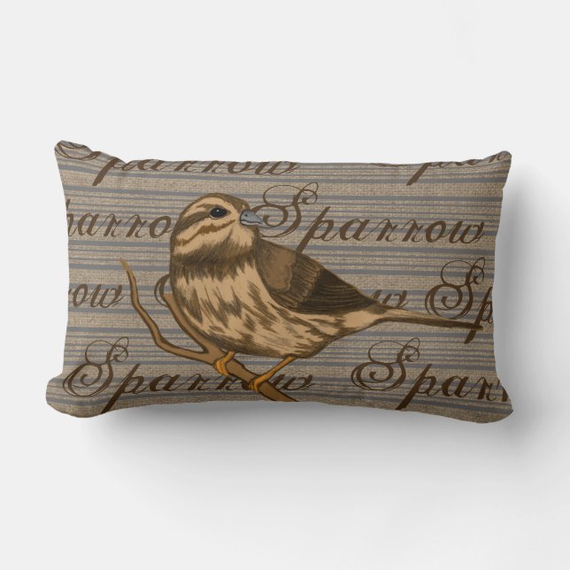 Song Sparrow auf Pinstripes und Imitate Burlap Lendenkissen (Vorderseite)