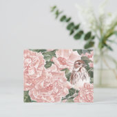 Song Sparrow und Roses Blume Malerei Postkarte (Stehend Vorderseite)