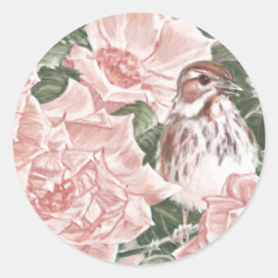 Song Sparrow und Roses Blume Malerei Runder Aufkleber