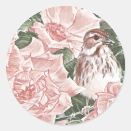 Song Sparrow und Roses Blume Malerei Runder Aufkleber (Vorderseite)