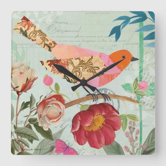 Songbird im Collage-Stil Quadratische Wanduhr (Vorderseite)