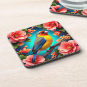 Songbird Perched Amid Bright Blume Getränkeuntersetzer (Linke Seite)