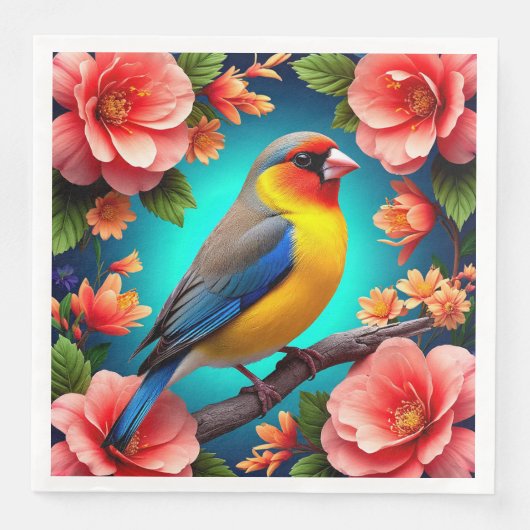 Songbird Perched Amid Bright Blume Serviette (Vorderseite)