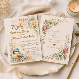 Songbird Spring Aquarell Floral 70. Geburtstag Einladung