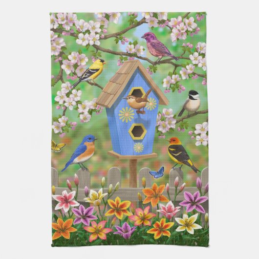 Songbirds Lily Garden Birdhouse Geschirrtuch (Vertikal)