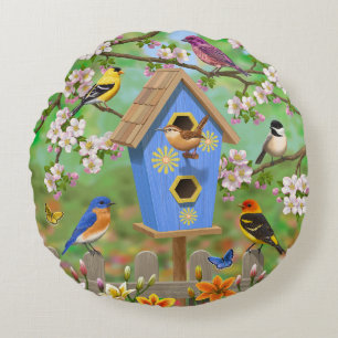 Songbirds Lily Garden Birdhouse Rundes Kissen