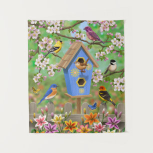Songbirds Lily Garden Birdhouse Wandteppich