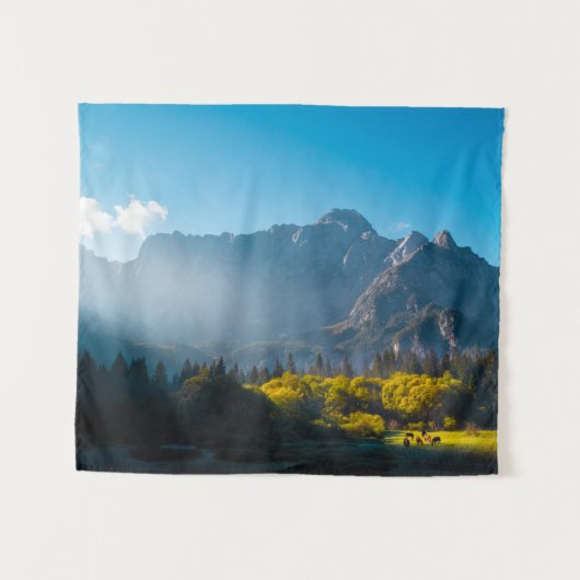 Sonne auf Pferden am See Fusine, Italien Wandteppich (Vorderseite (Horizontal))